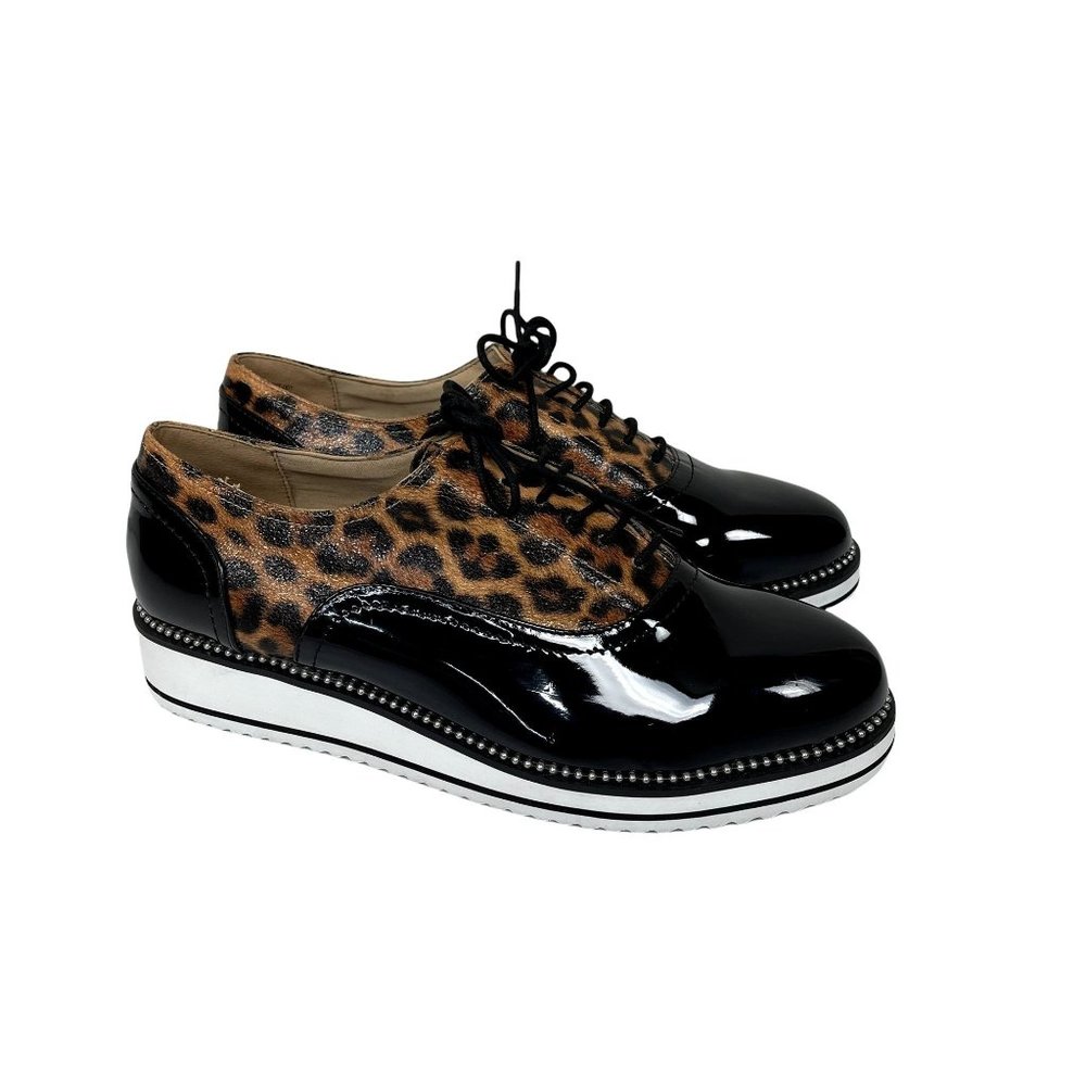 Torrid Platform Black Faux Patent Leather & Leopard Oxford Shoes Womens 12 WW